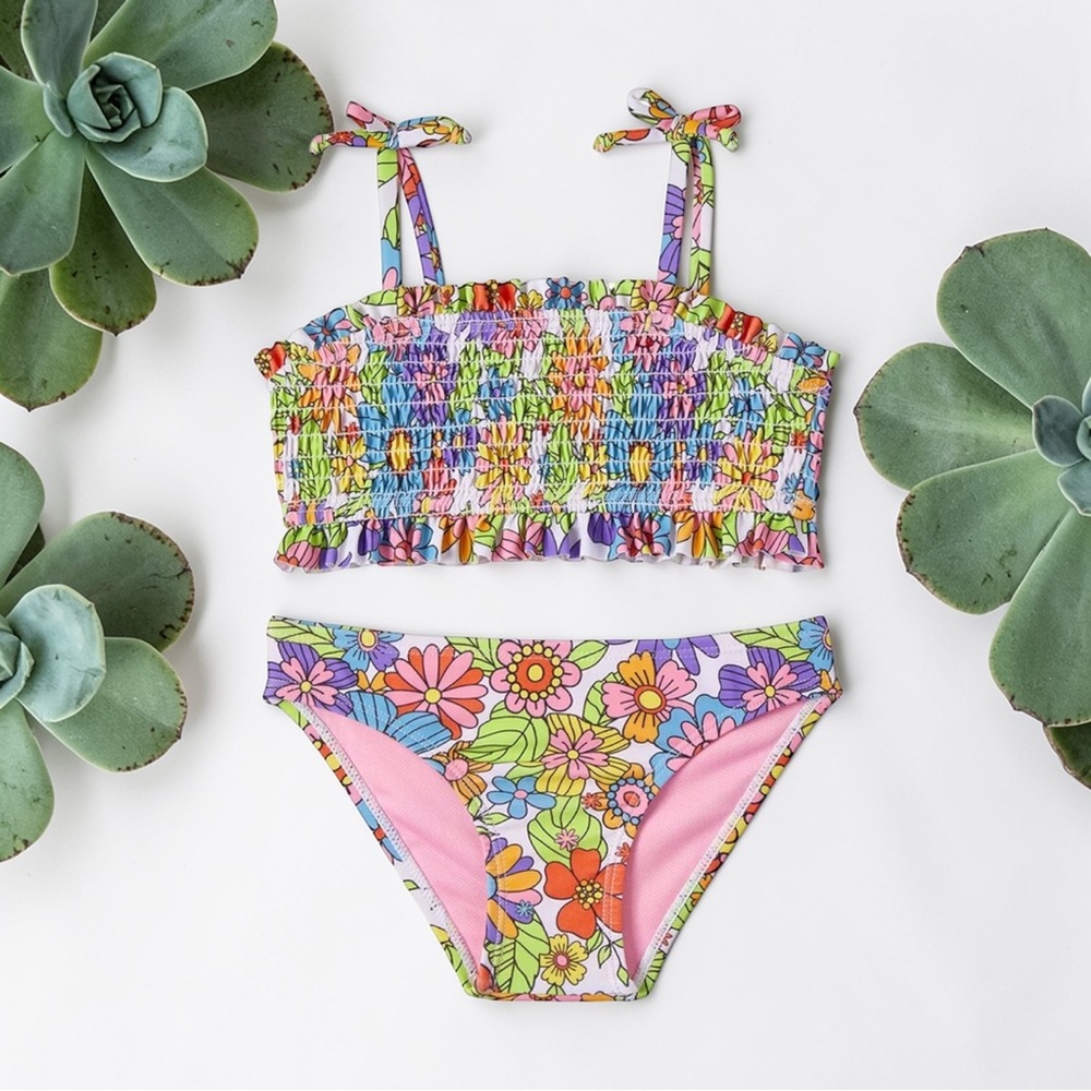 Kensie Girls' Colorful Retro Floral Print Smocked Top Bikini Set